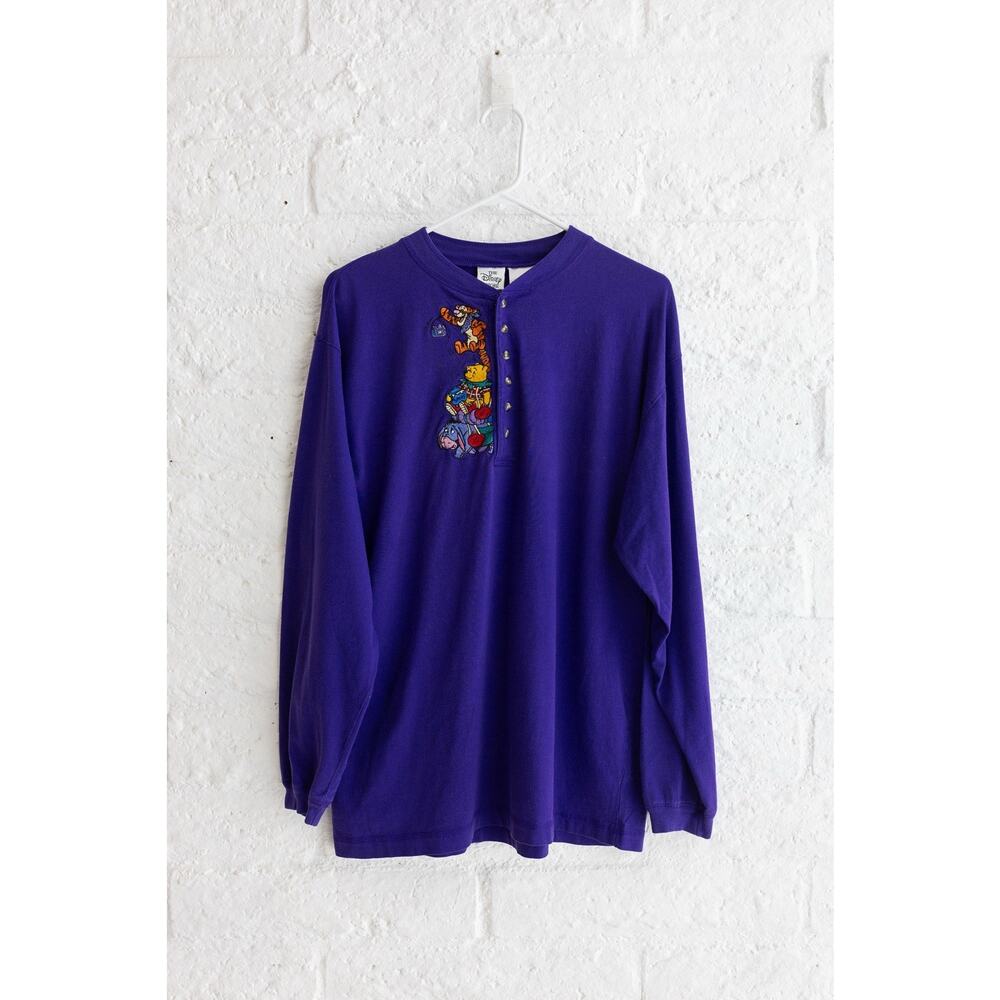 Vintage Disney Store Purple Winnie the Pooh Embroidered Henley Long Sleeve Shirt